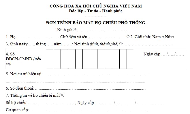 Đơn trình báo mất hộ chiếu theo Mẫu Hộ chiếu