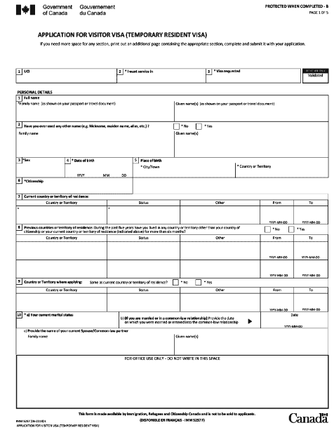 Mẫu tờ khai xin visa Canada (Form IMM 5257)