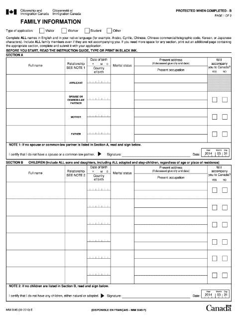 Mẫu tờ khai xin visa Canada (Form IMM 5645)