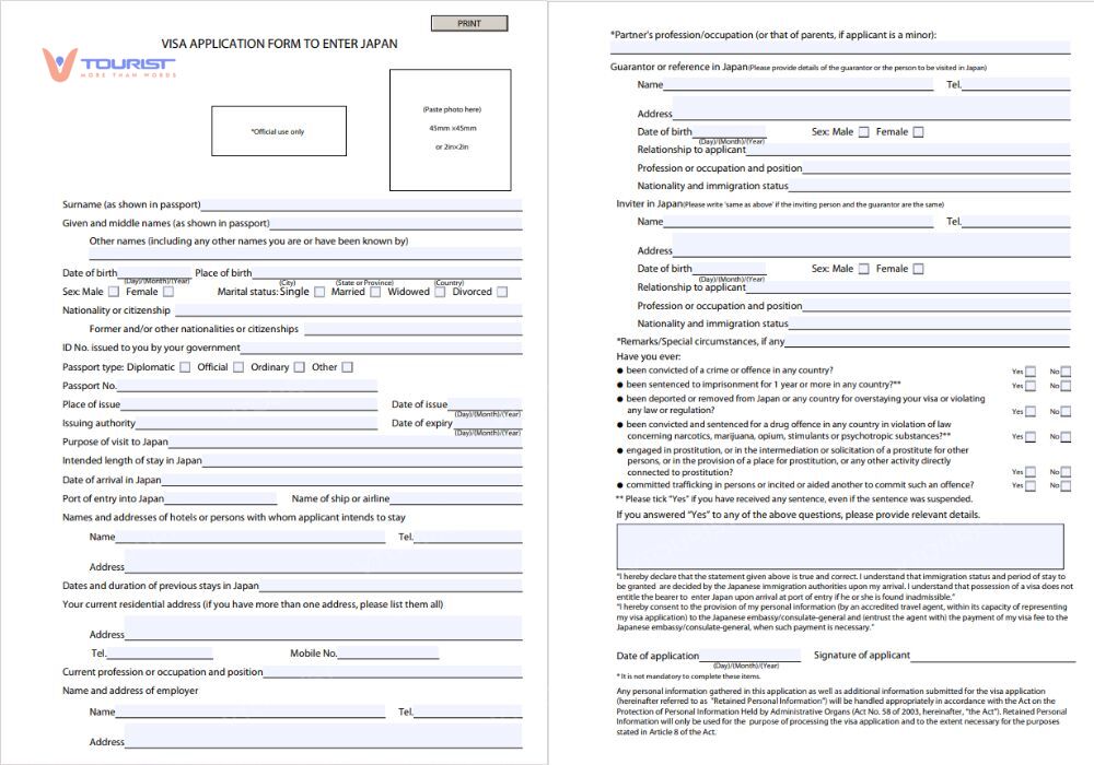 Tờ khai xin visa Nhật Bản