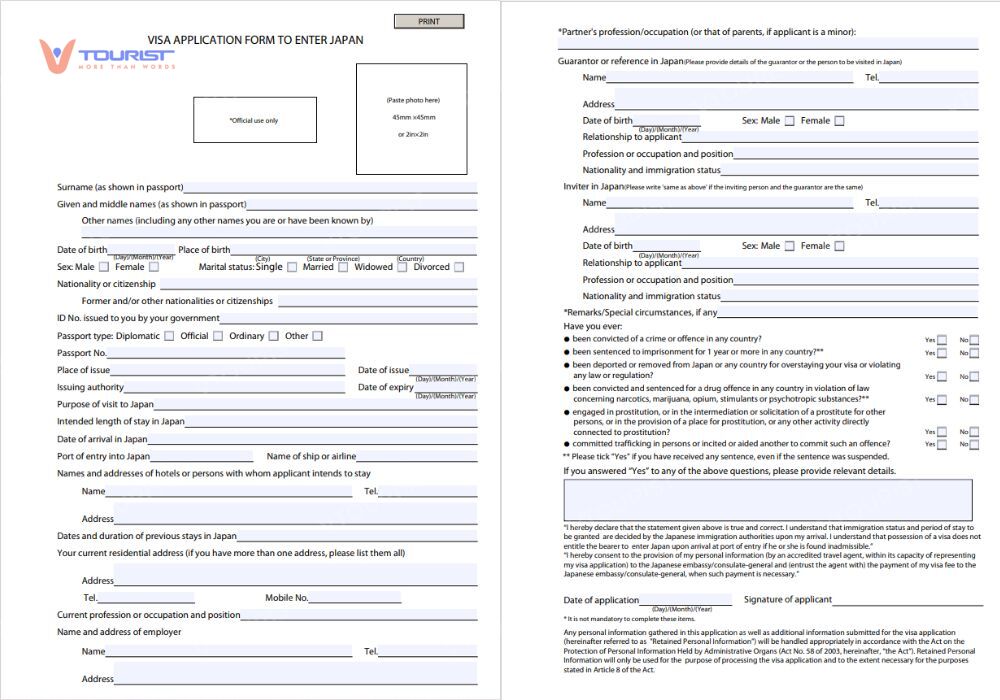 Tờ khai xin visa du lịch Nhật Bản