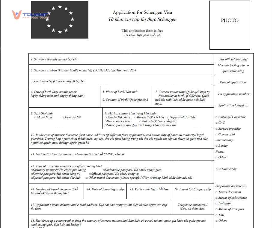 Tờ khai xin cấp thị thực Schengen