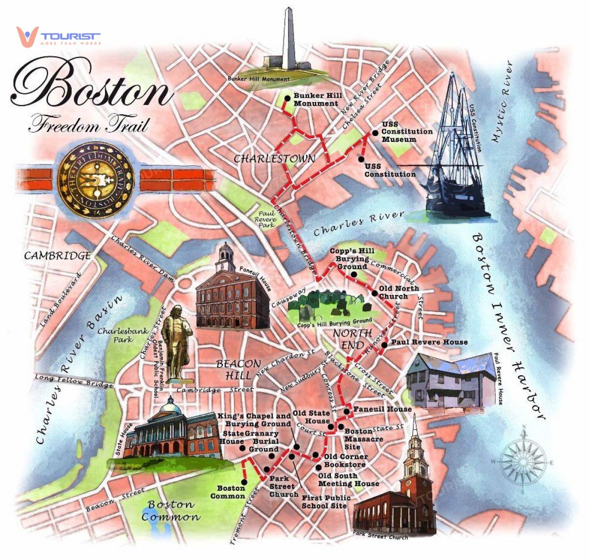 Con đường tự do Freedom Trail bắt đầu từ công viên Boston Common và kết thúc tại Bunker Hill ở Charlestown