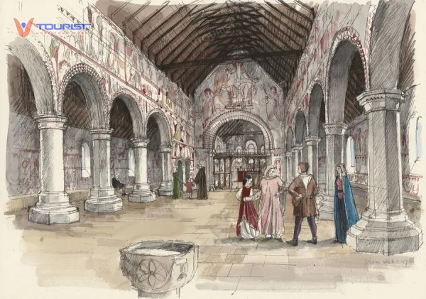 Không gian bên trong hiên Norman tái hiện hình ảnh các bậc quân vương quyền lực của hoàng gia Anh